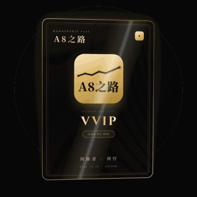 A8之路 VVIP 会员卡 — 黑金卡面，鎏金上行折线